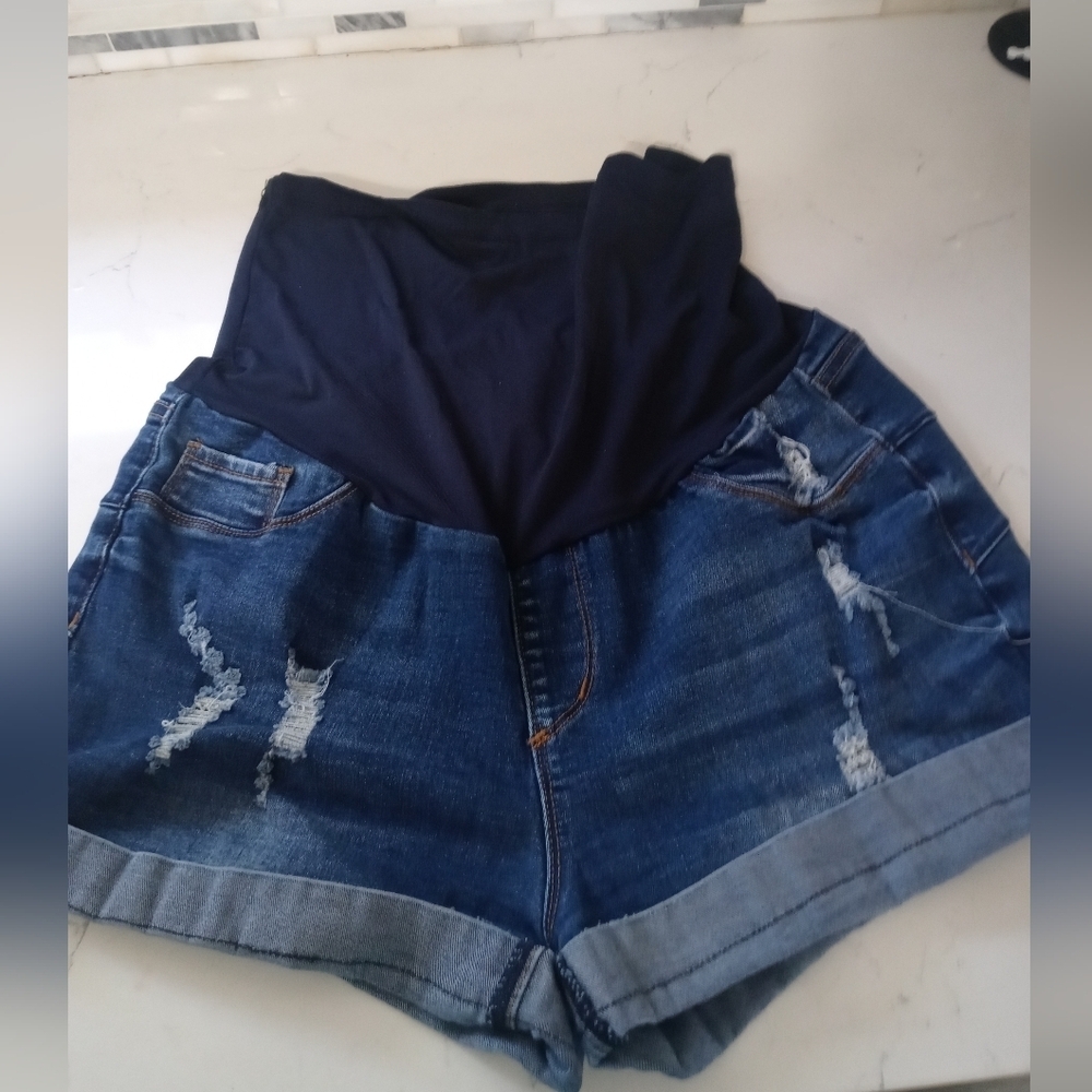 S.O.N.G MATERNITY DARK WASH DISTRESSED DENIM OVER THE BELLY SHORTS FOLDED HEM XL